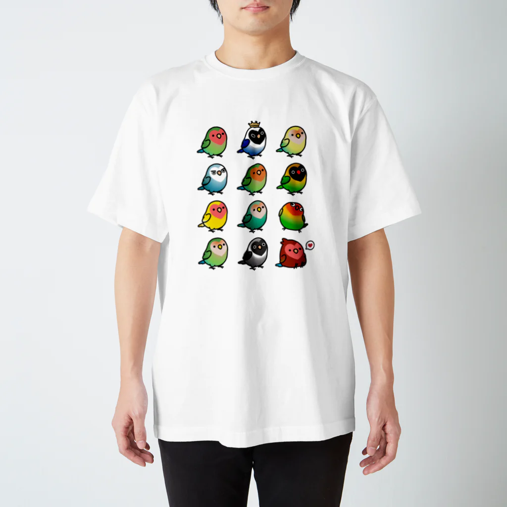 Cody the Lovebirdの【両面】Chubby Bird（背面）コザクラインコ　ルチノー　（表）ラブバード大集合　（コザクラインコ＆ボタンインコ） Regular Fit T-Shirt