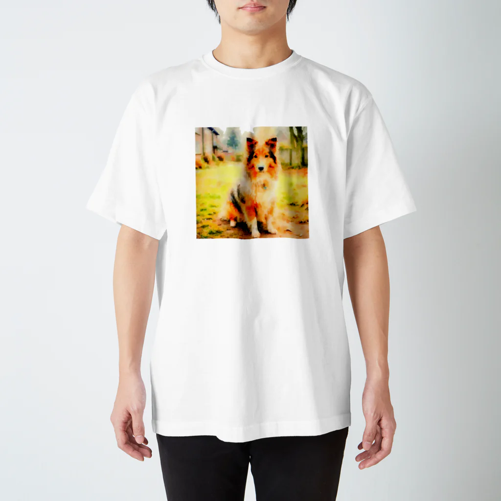 犬好きのしましまのレトロな犬の水彩画/シェットランド・シープドッグのヴィンテージ風イラスト スタンダードTシャツ