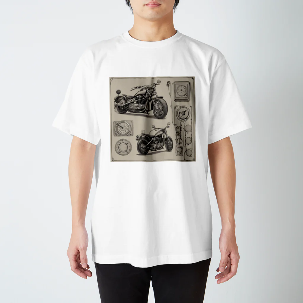 the blue seasonのクラシックバイクの設計図と計器類 スタンダードTシャツ