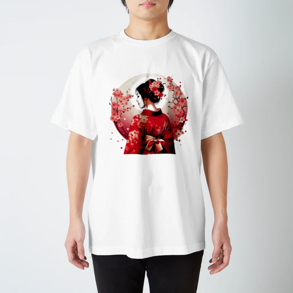 yuchijapanの桜を散らした着物美人イラスト Regular Fit T-Shirt