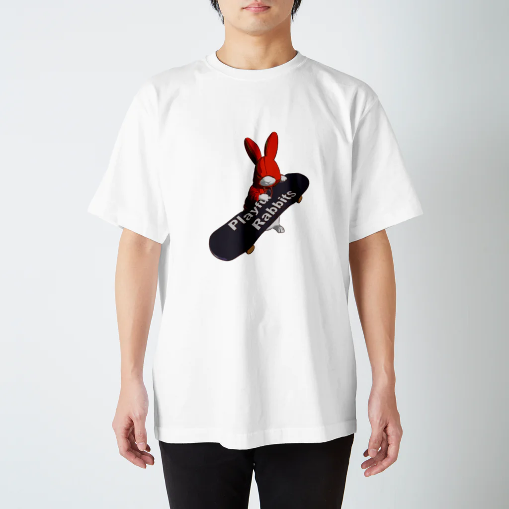 鬼鞍 ONIKURAのPlayful Rabbits レッド スタンダードTシャツ