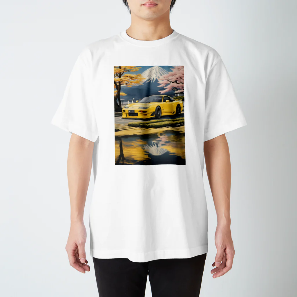 JapanCarStyleの黄色いスポーツカーと日本の風景3 スタンダードTシャツ