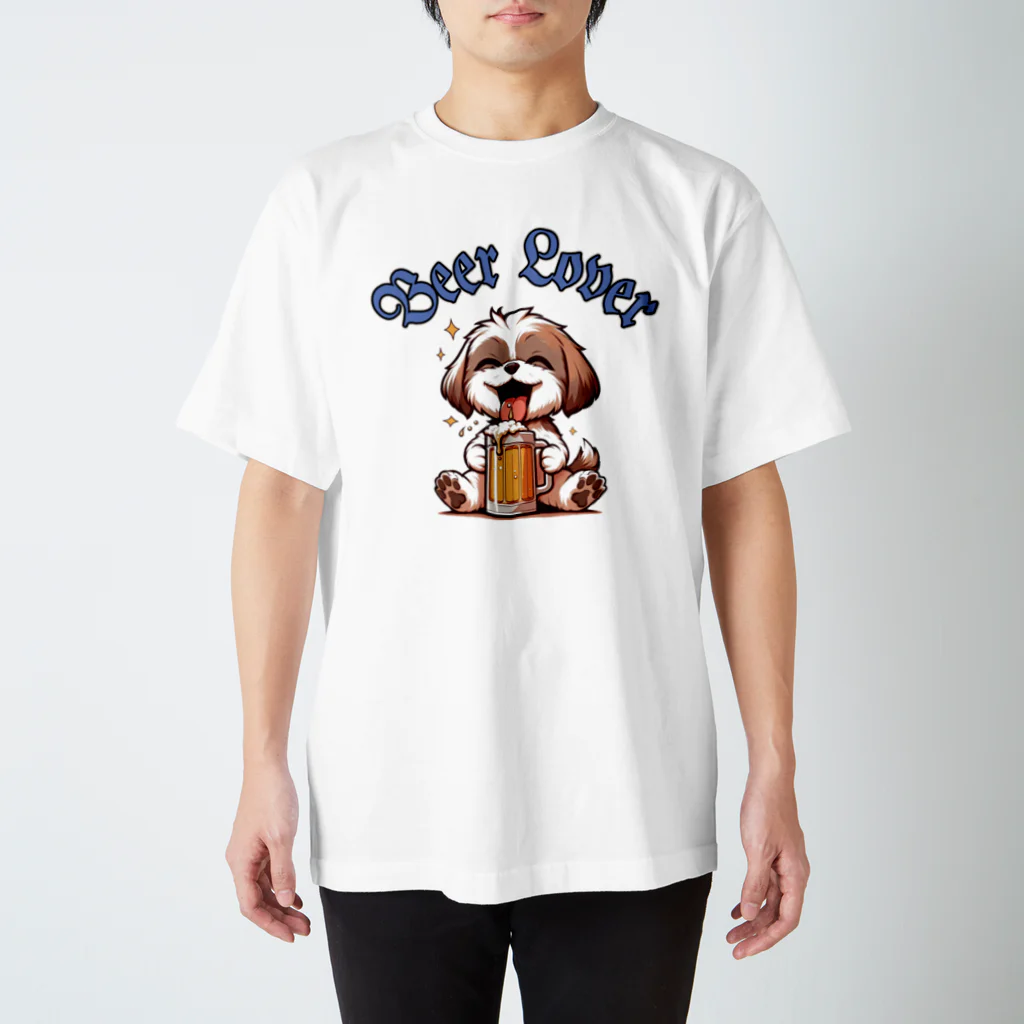 PALA's SHOP　cool、シュール、古風、和風、のBeer Lover(Shih Tzu)２ Regular Fit T-Shirt