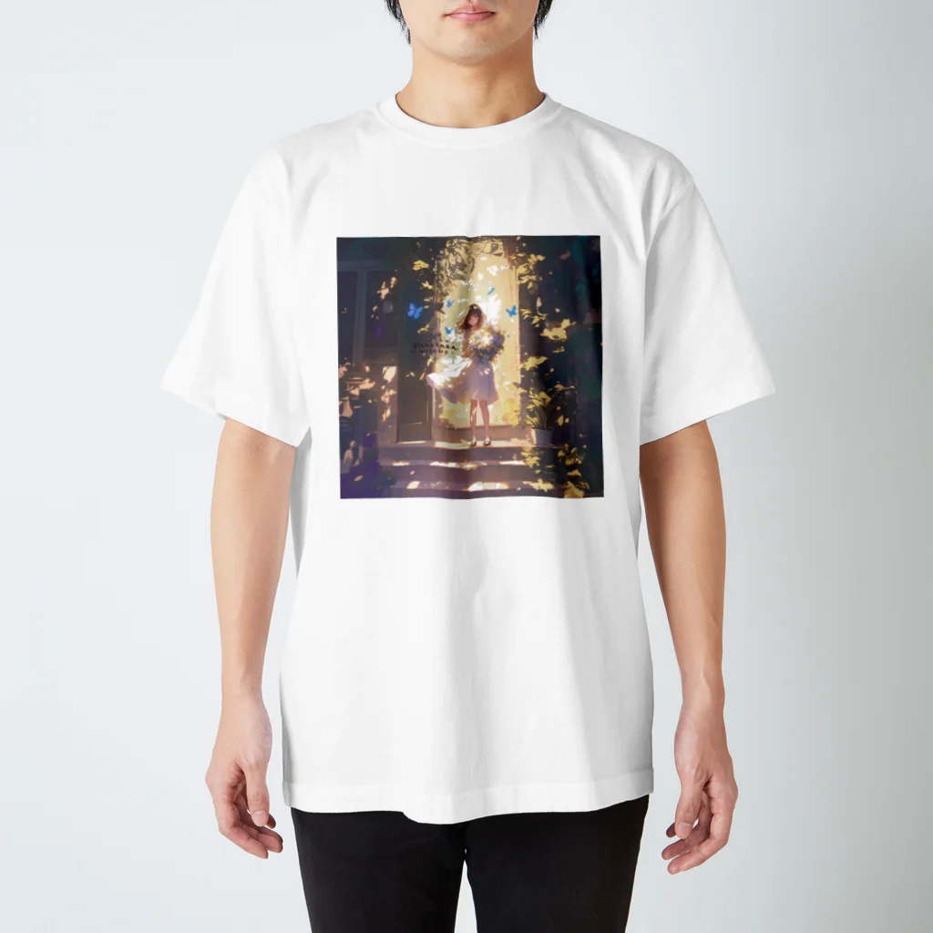 花束娘のThe Girl in the Light with Blue Butterflies in the Garden Regular Fit T-Shirt