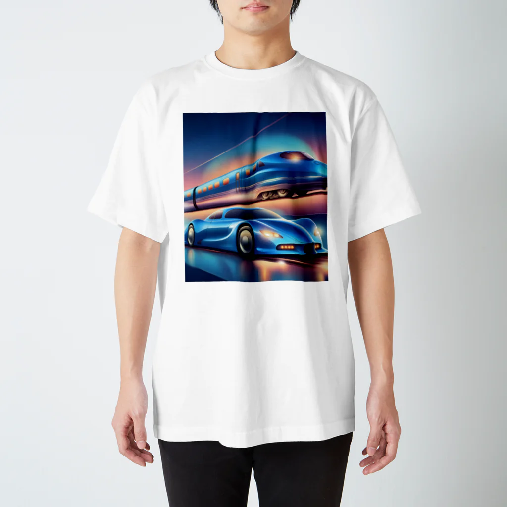 ro kuの青い車と新幹線 Regular Fit T-Shirt