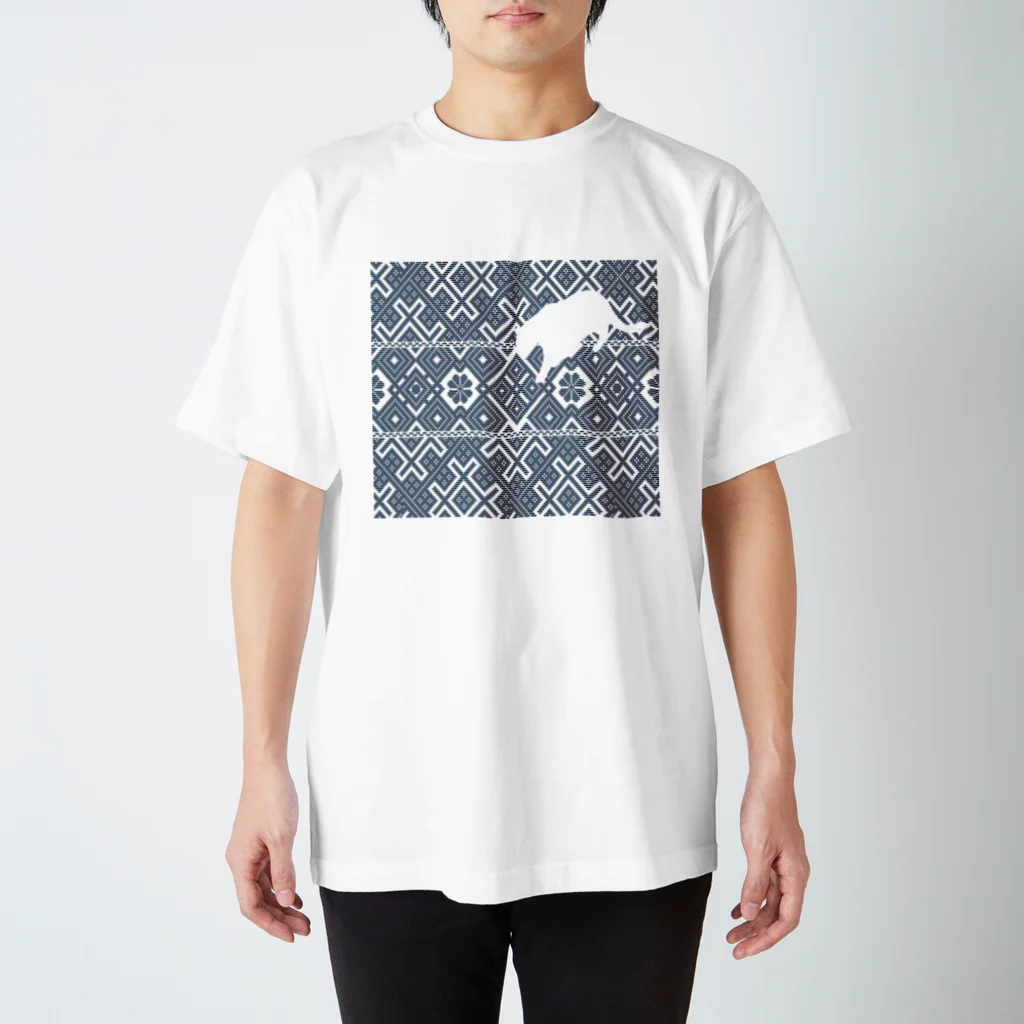 【松】黒金アートこぎん和紙和柄のこぎんとネコ　indigo スタンダードTシャツ