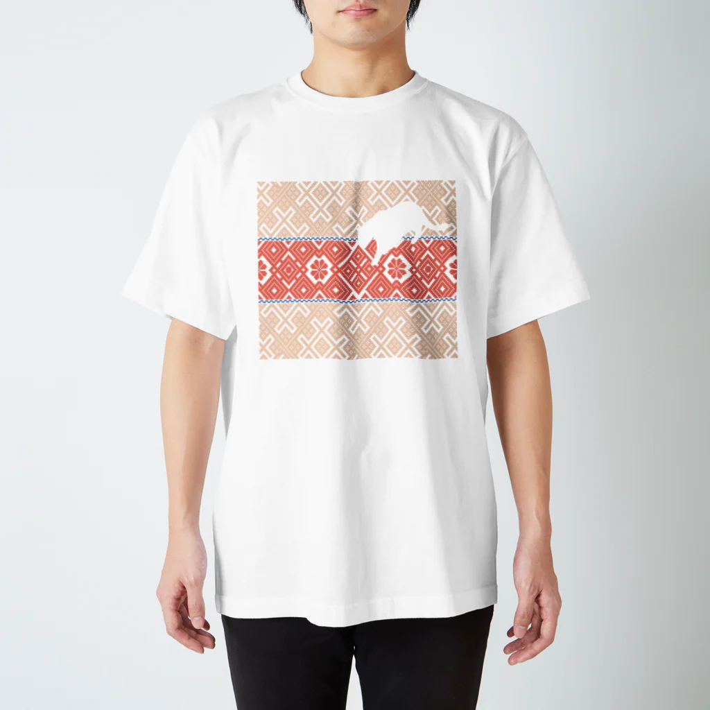 【松】黒金アートこぎん和紙和柄のオレンジ散歩ネコ スタンダードTシャツ