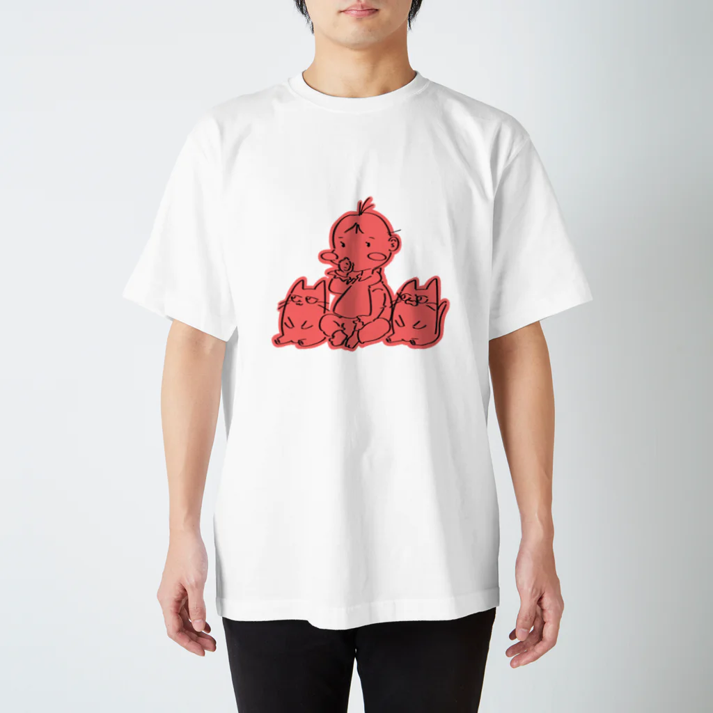 nemonemonemoのBABY & CATS IN RED (SITTING) Regular Fit T-Shirt