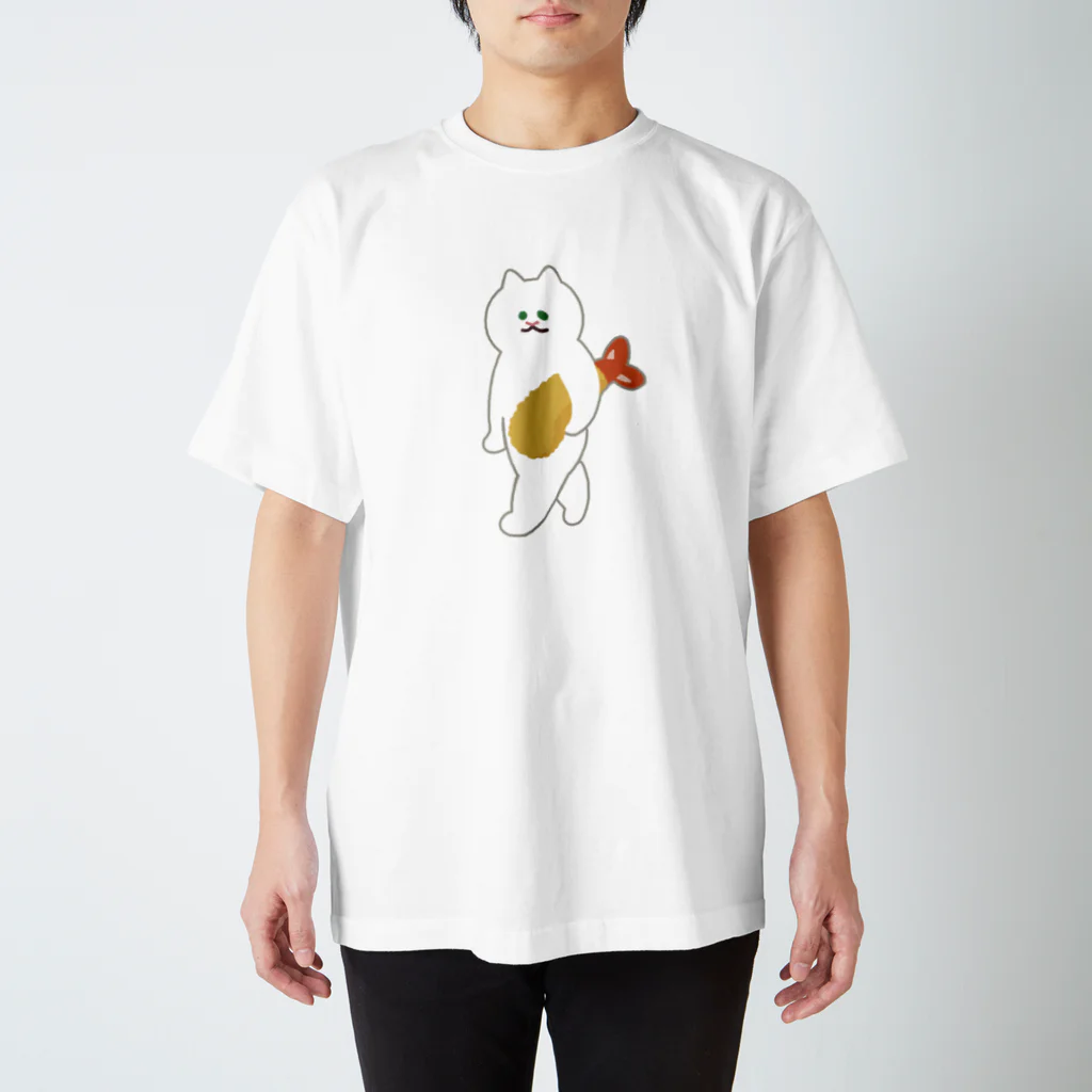 SUIMINグッズのお店の【大・フチあり】エビフライをさわやかに運ぶねこ 티셔츠