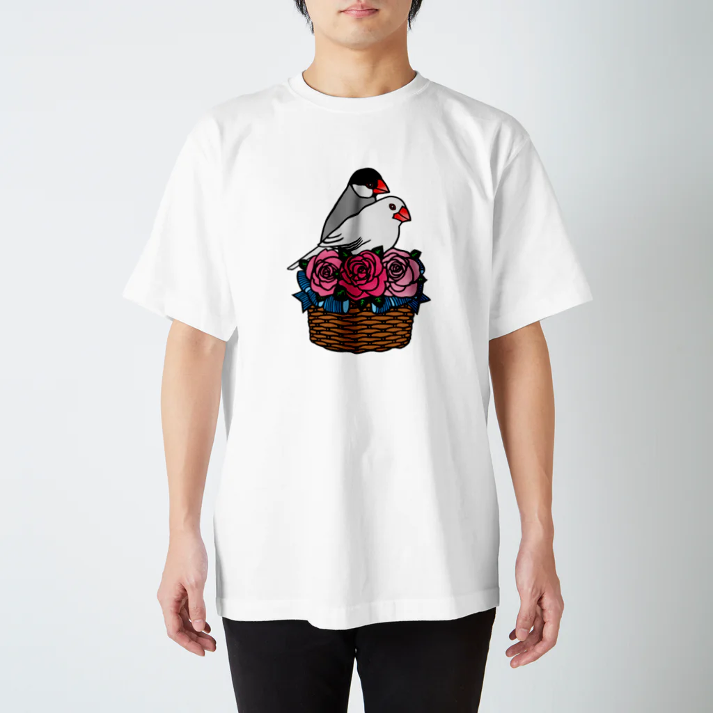 楽多志乃のバラと文鳥（白と桜） スタンダードTシャツ