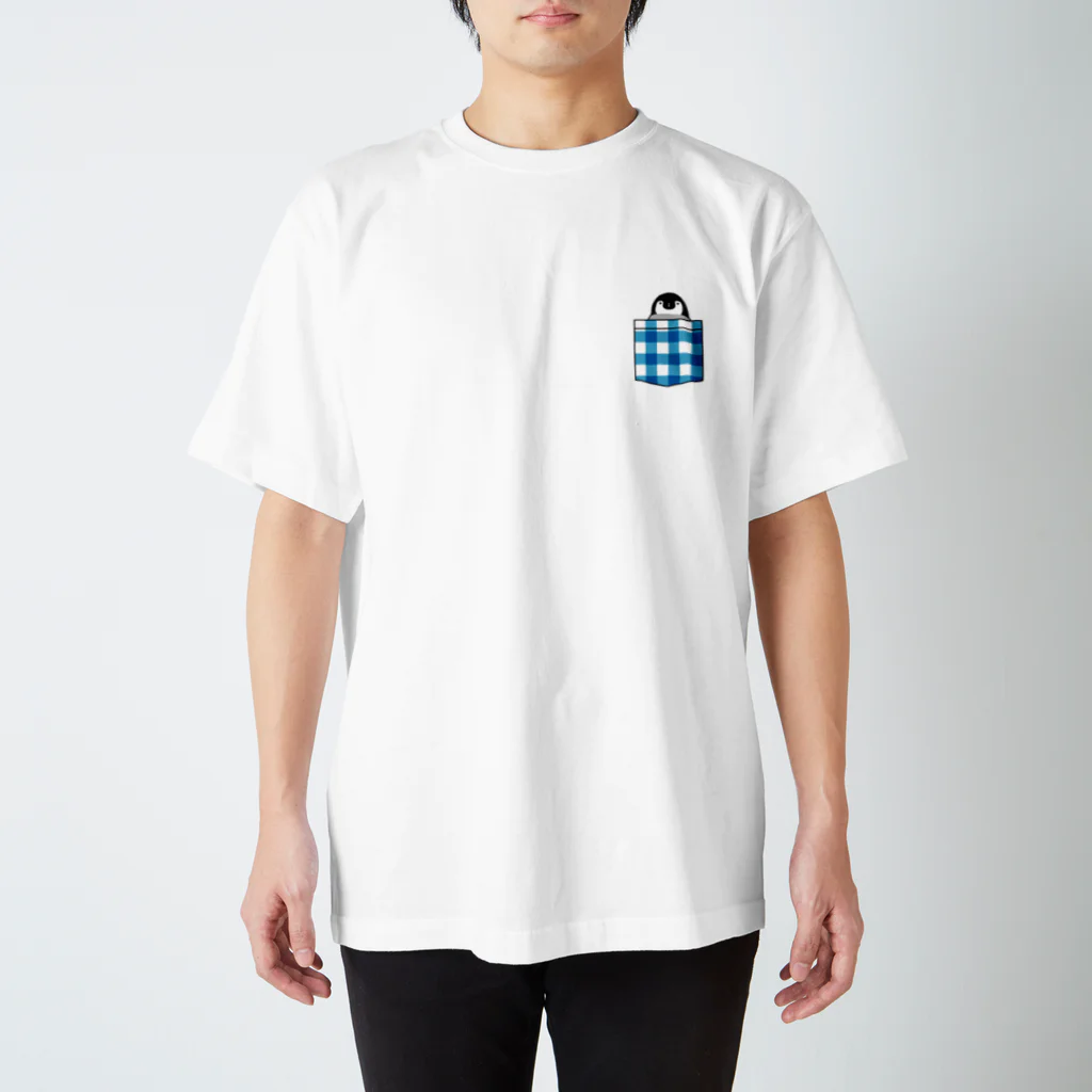 くーまんの部屋🐻のポケットT風 皇帝ペンギン(青ギンガムチェック) Regular Fit T-Shirt