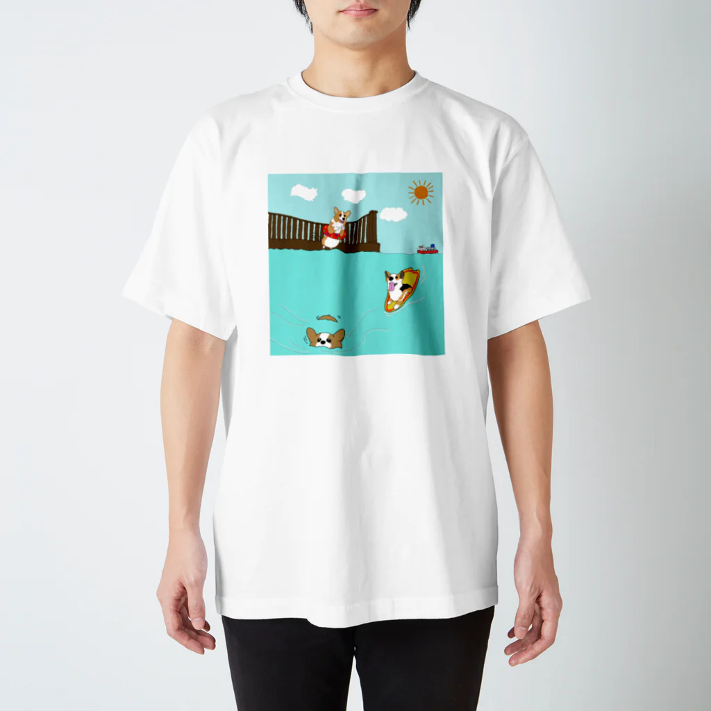 ぼんやりコーギー番長の海だぜコーギー（お色選べます） スタンダードTシャツ