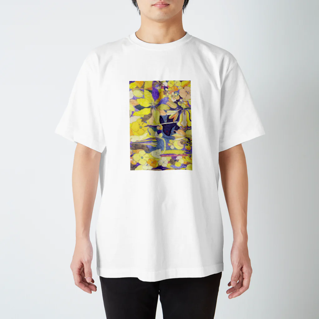 iuko sano shopの「花畑」黒うさぎ スタンダードTシャツ