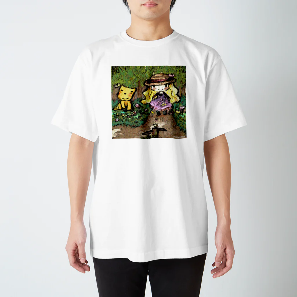 屋根裏ひみつ結社のmecanbaco.『森とネコと少女』 スタンダードTシャツ