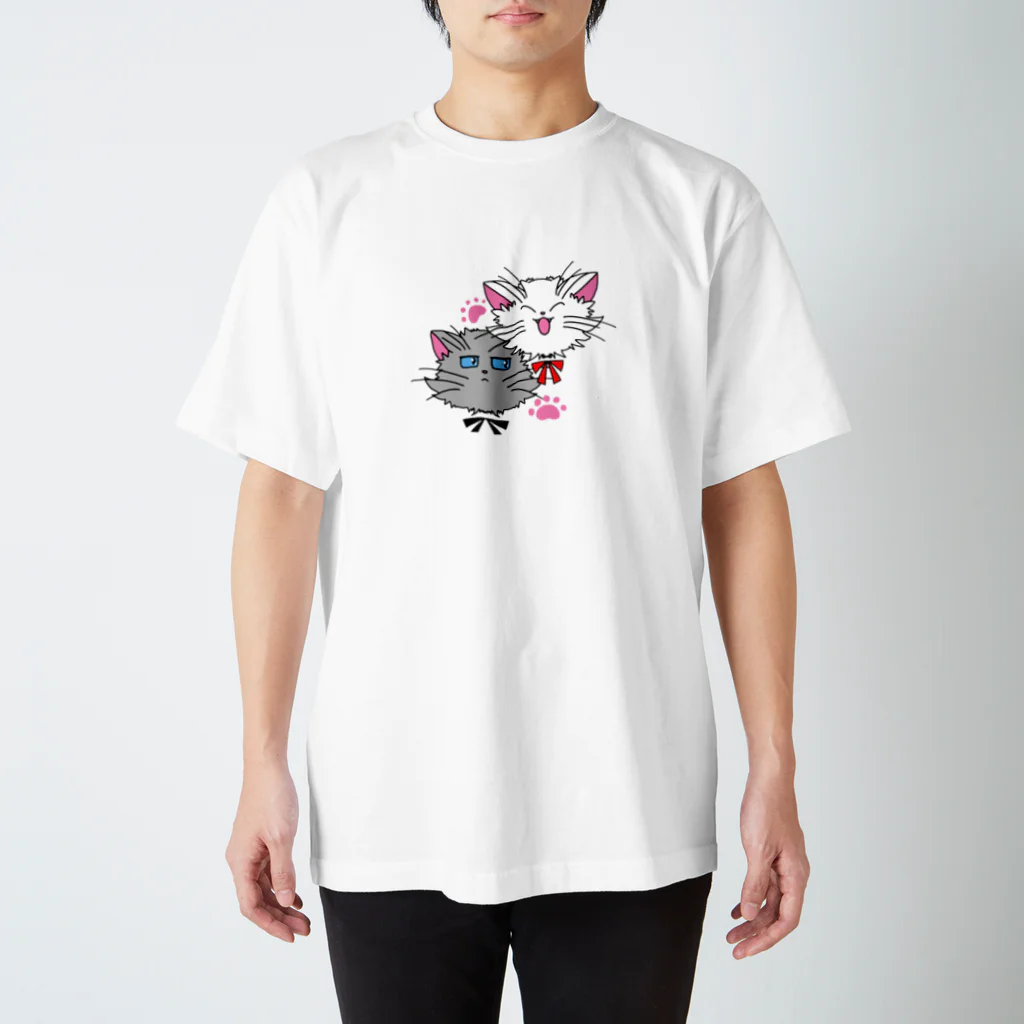 ねこねこうおの元気な白猫ちゃんとクールな灰猫くん スタンダードTシャツ