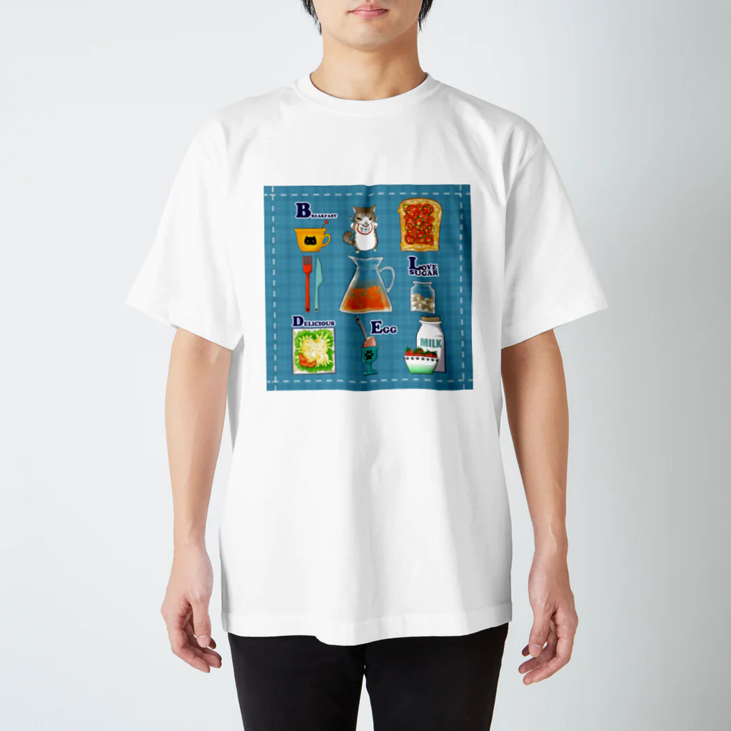 ネコのひたいのニャンコとBREAKFAST(ブルー) Regular Fit T-Shirt