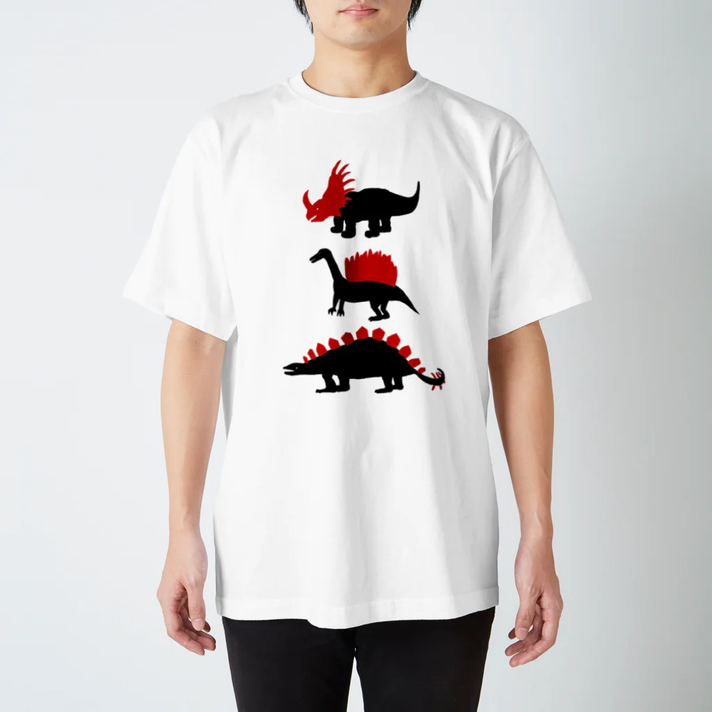 Kanako Okamotoの赤✖️黒恐竜Tシャツ「トリケラトプス・スピノサウルス・ステゴサウルス」 スタンダードTシャツ