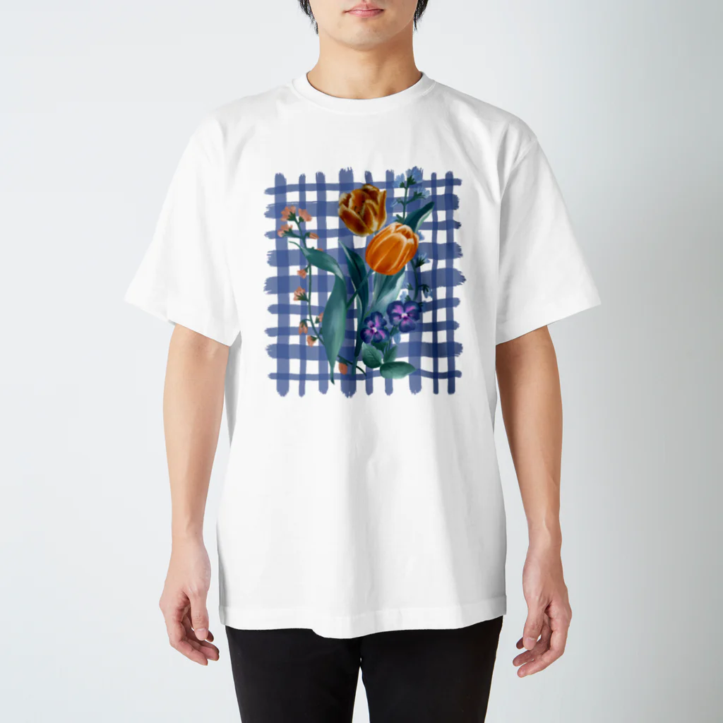 chabiのflower check/blue スタンダードTシャツ