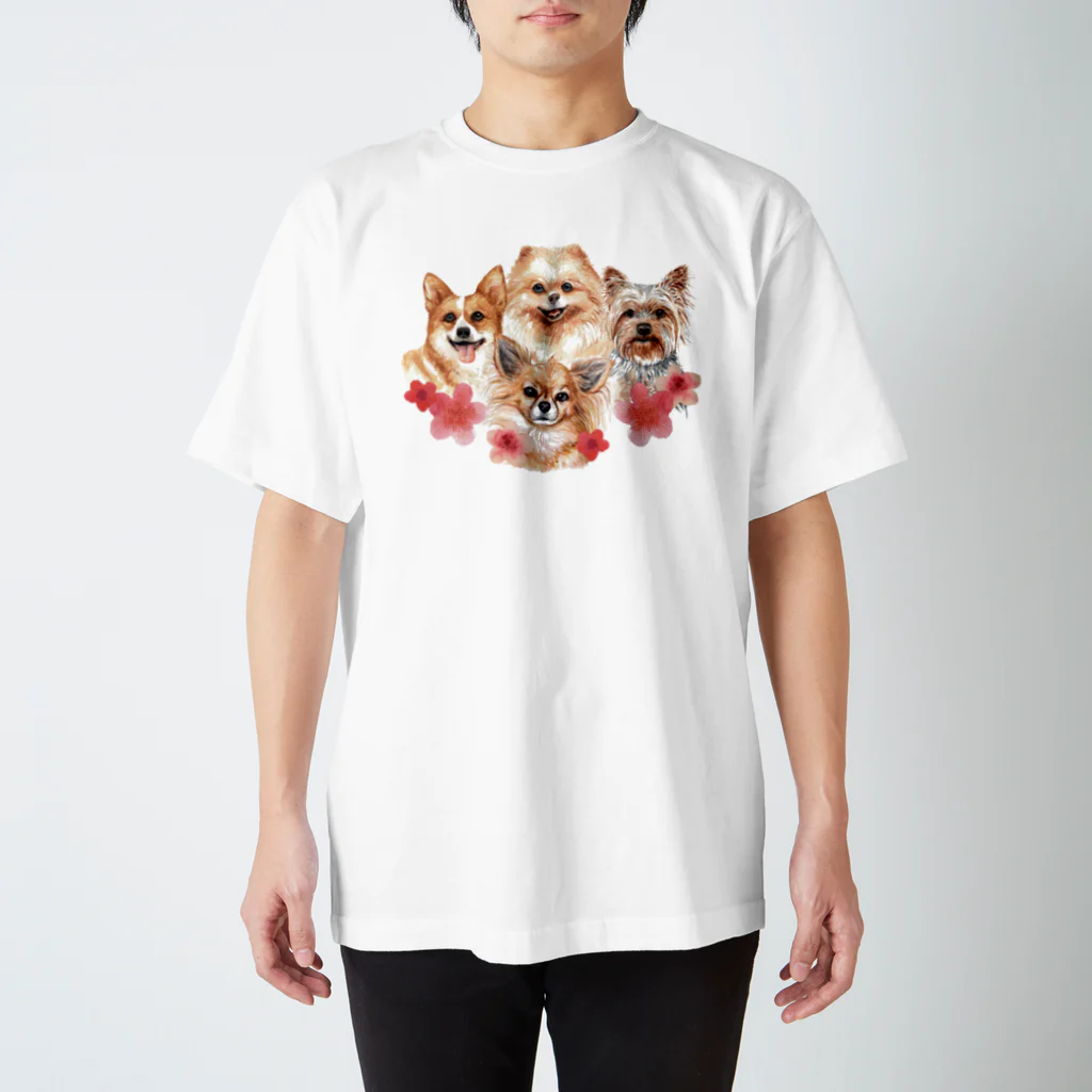 SANKAKU DESIGN STOREのお花の似合う小さい犬たち。 티셔츠