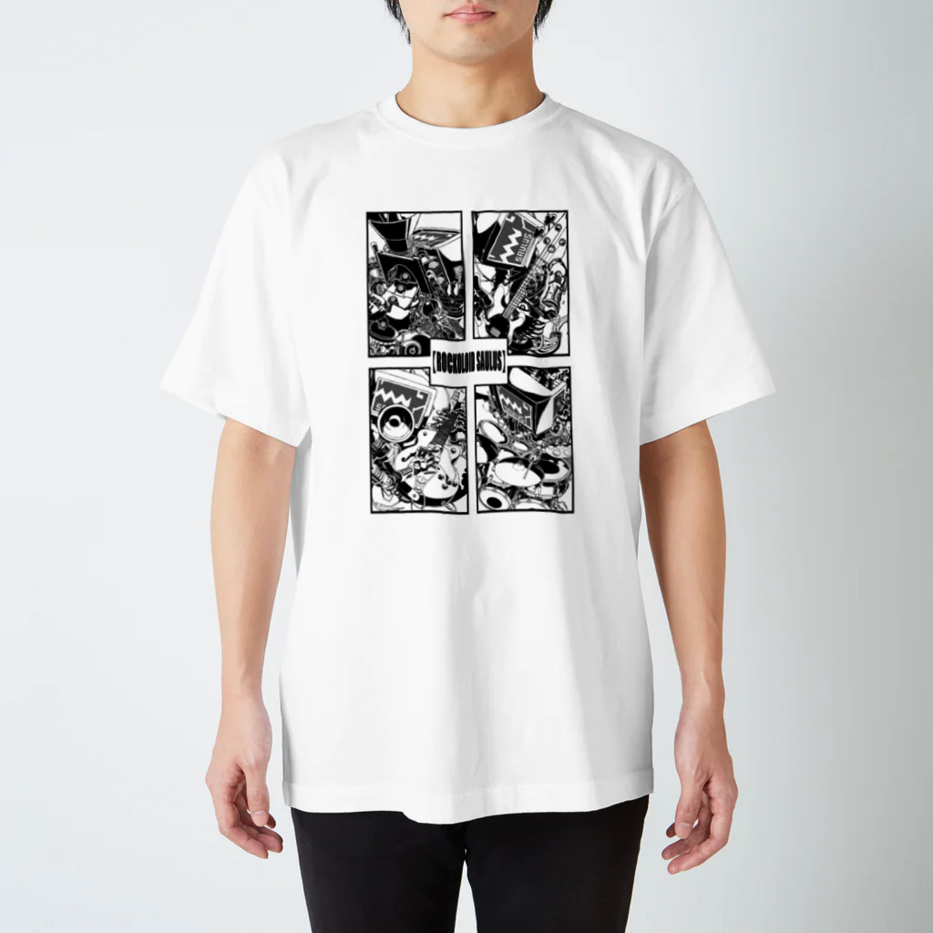 白黒灰脂オリジナルイラストグッズSHOP『熊猫動物園』の【ROCKOLOID SAULUS】4-piece band edition スタンダードTシャツ