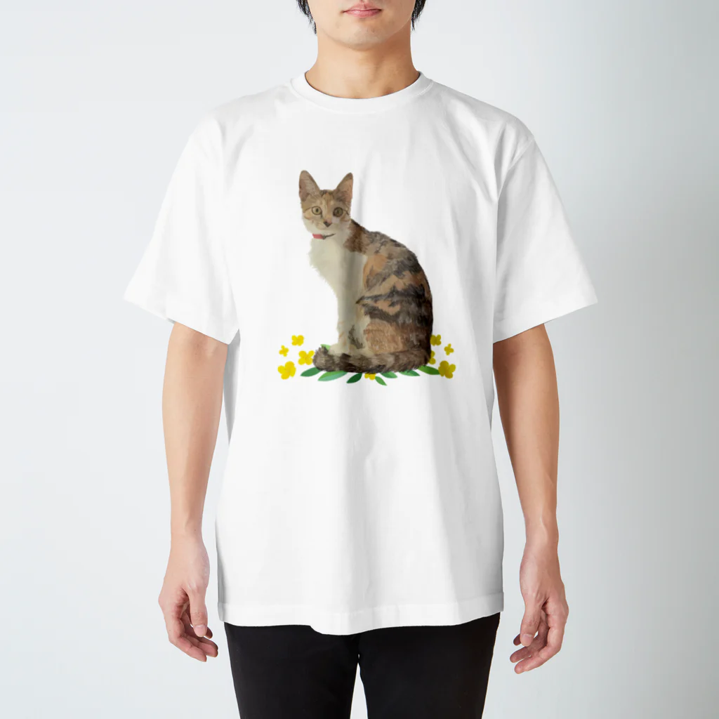 小鳥と映画館の黄色いお花と三毛猫ちゃん (イラスト) スタンダードTシャツ