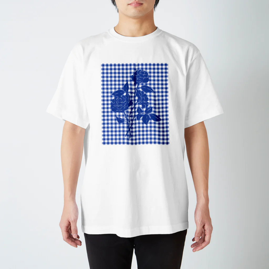 chabiのrose×gingham check/blue スタンダードTシャツ