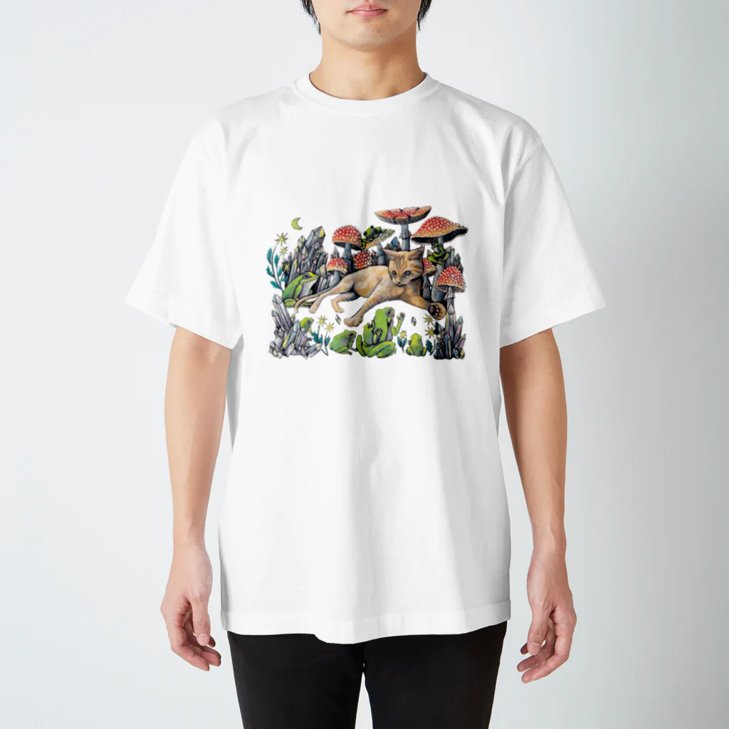 星月猫　徳島洋子のふくちゃんとカエル取引中 猫とカエルとキノコ スタンダードTシャツ