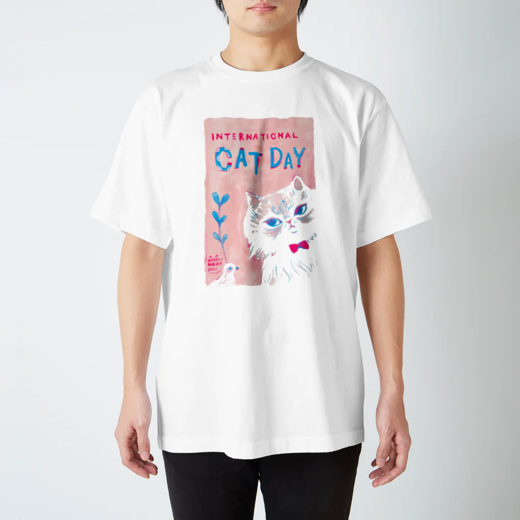 wokasinaiwoのセカイとネコ（コーラルピンク） スタンダードTシャツ