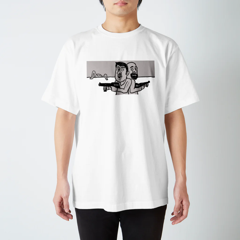 ホビヲの映画感想画のTシャツ屋さんの背中合わせで敵を探す親子 Regular Fit T-Shirt