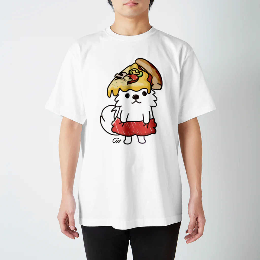 イラスト MONYAAT のPIZZAゲットした　ポメラニアン スタンダードTシャツ