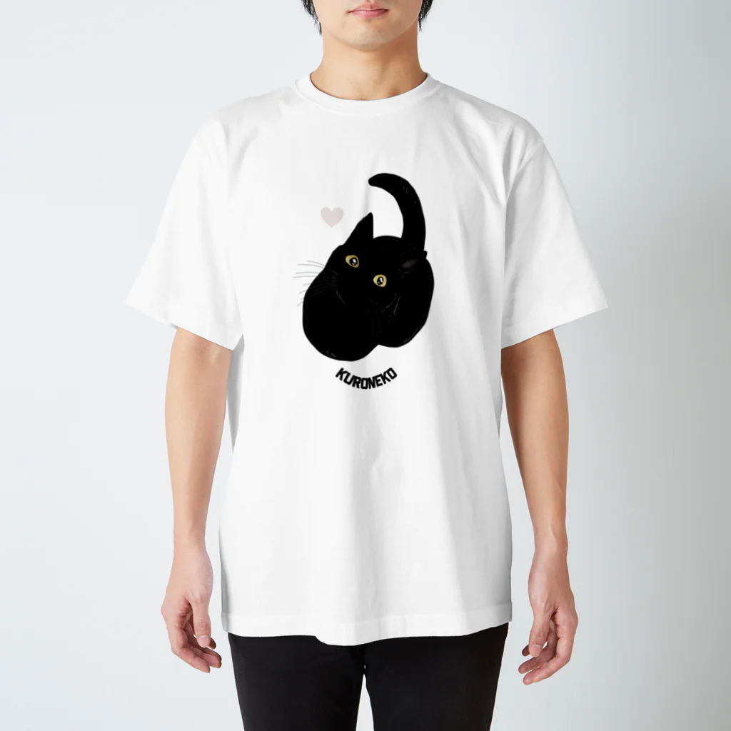 小鳥と映画館の見上げる黒猫 ハート添え スタンダードTシャツ