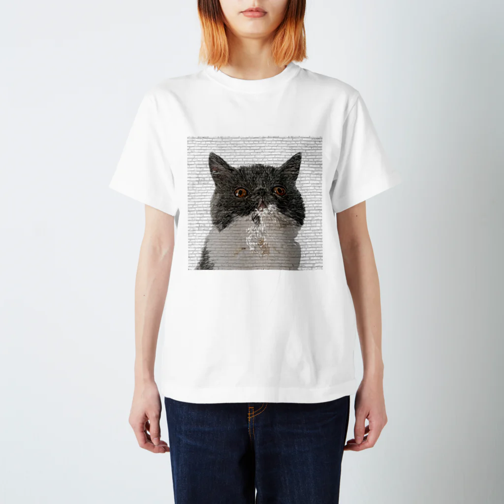 【CPPAS】Custom Pet Portrait Art Studioのブサかわいいエキゾチックショートヘアの子猫-レンガブロックの背景 Regular Fit T-Shirt