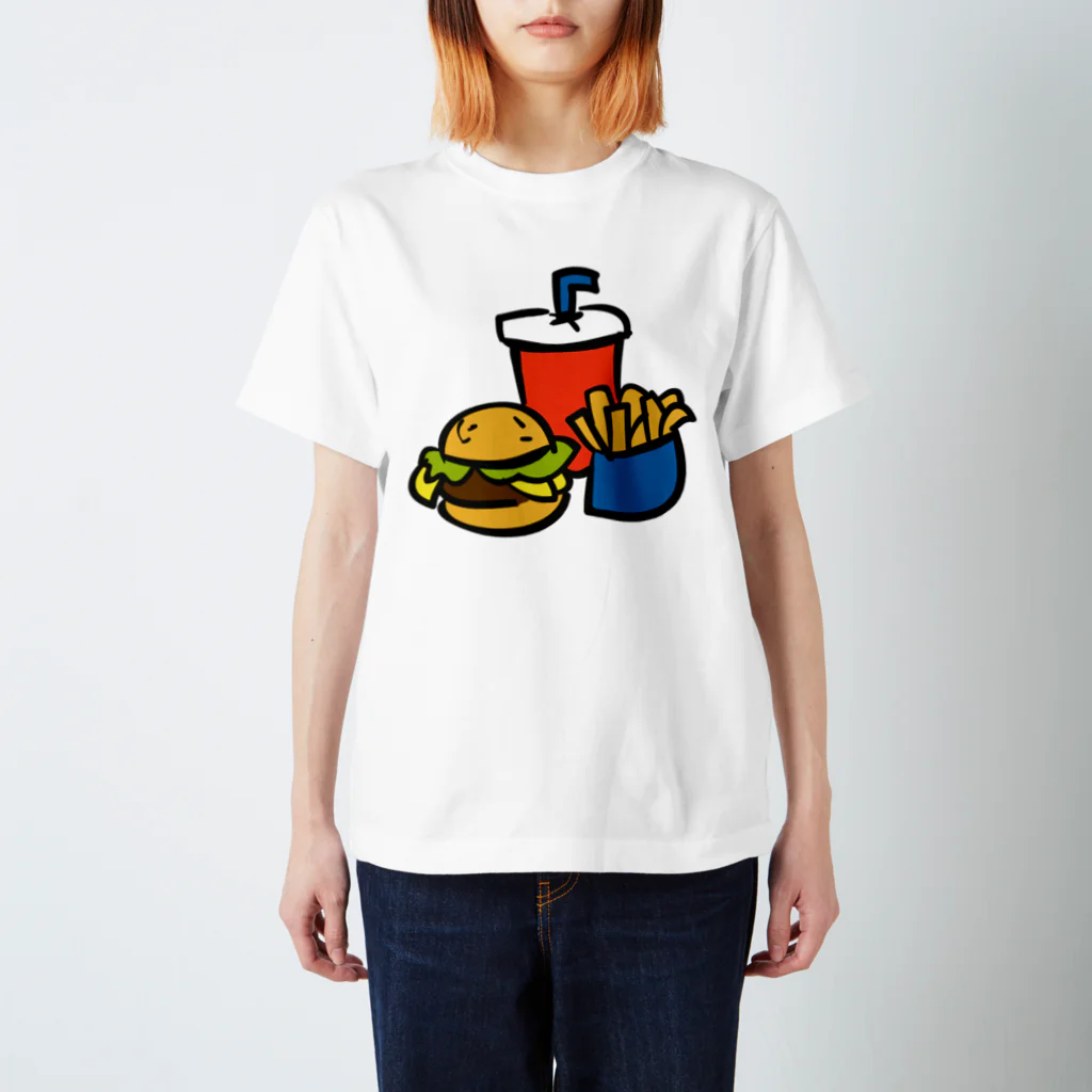 ぽっぷんすたんぷ -POP’N STAMP-のハンバーガーとポテトとドリンクのセット ---カラフルでポップなフードデザインTシャツ--- スタンダードTシャツ