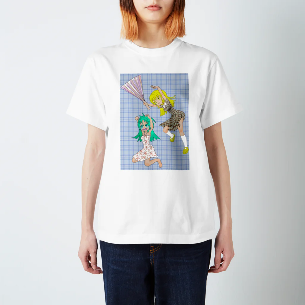 げーむやかんのハリセンアタック水色格子背景 スタンダードTシャツ