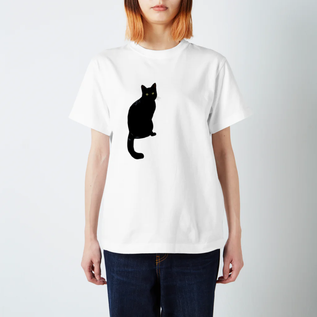 小鳥と映画館の振り向く黒猫達 (両面イラスト) スタンダードTシャツ