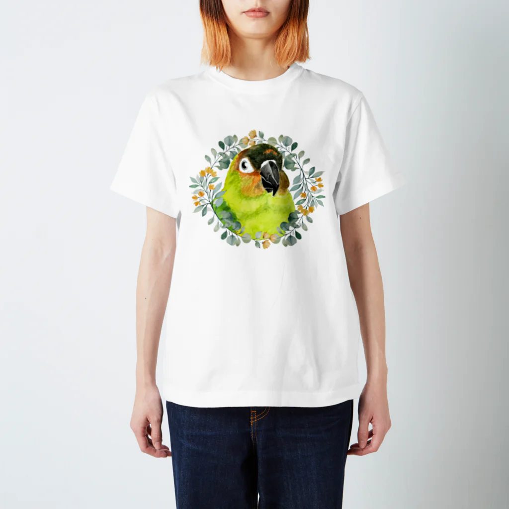 mariechan_koboの020 クロカミインコ(ハイブリッド)　オレンジ小花のリース スタンダードTシャツ