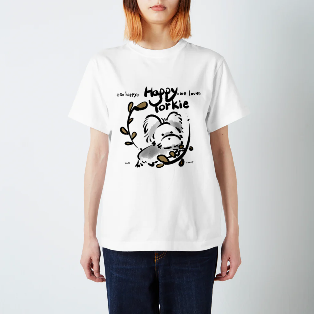 R&MのHappyYorkie葉っぱの枠に囲まれた スタンダードTシャツ