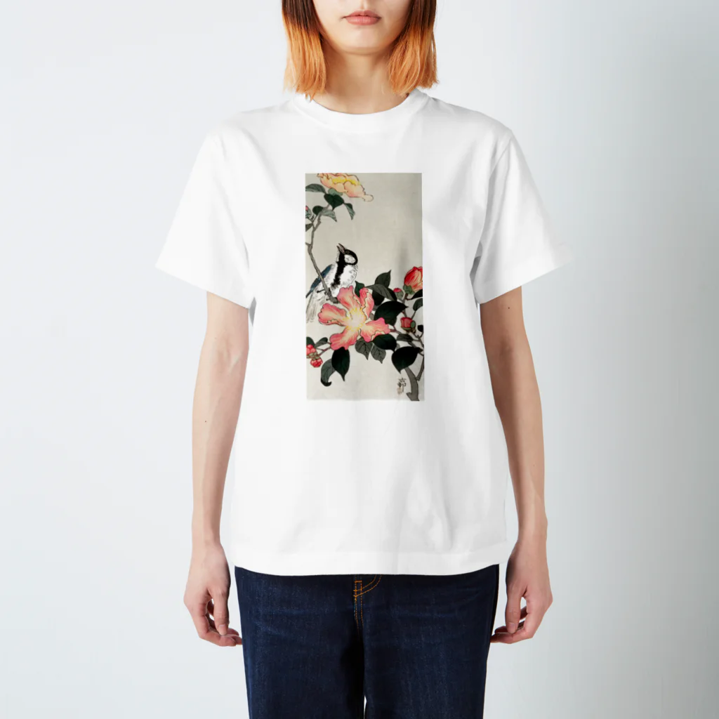 MUGEN ARTの小原古邨　椿に四十雀  Ohara Koson / Great tit on branch with pink flowers  スタンダードTシャツ