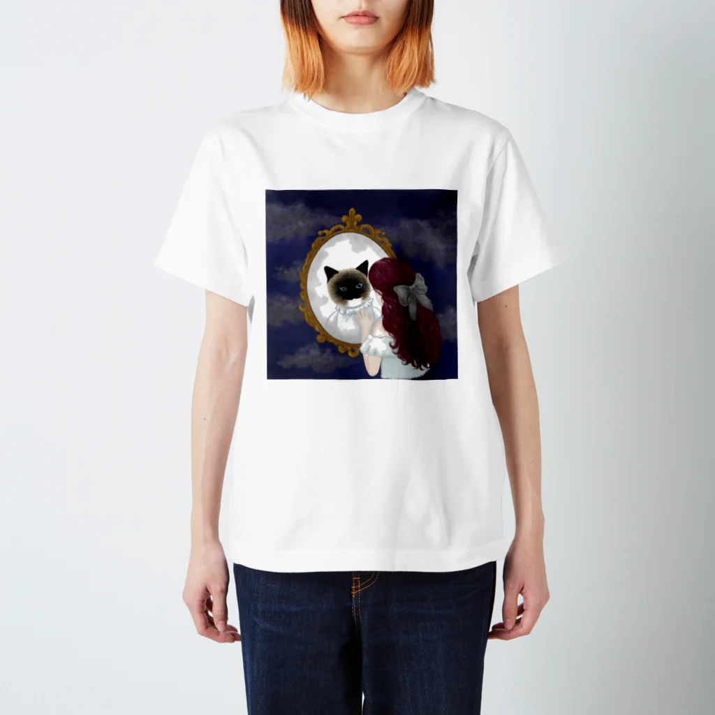 シャム猫娘のシャム猫娘「ボーダー」ジャケットイラスト 鏡越しのシャム猫 スタンダードTシャツ