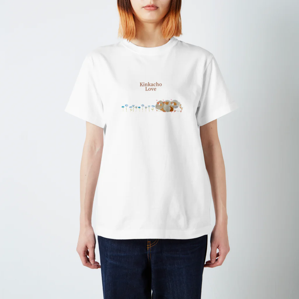 雛乃の文鳥グッズ屋さんのキンカチョウのネモフィラデザイン スタンダードTシャツ