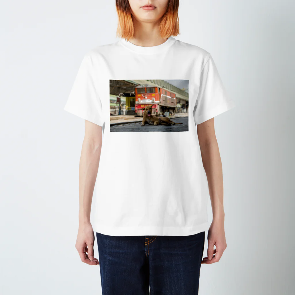 Second_Life_of_Railwaysのミャンマー国鉄ヤンゴン駅のプラットホームで寛ぐ野良犬 Regular Fit T-Shirt