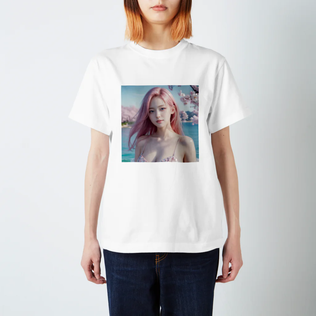 AI goddessの桜と川と青空と、ピンクの髪の女の子 Regular Fit T-Shirt