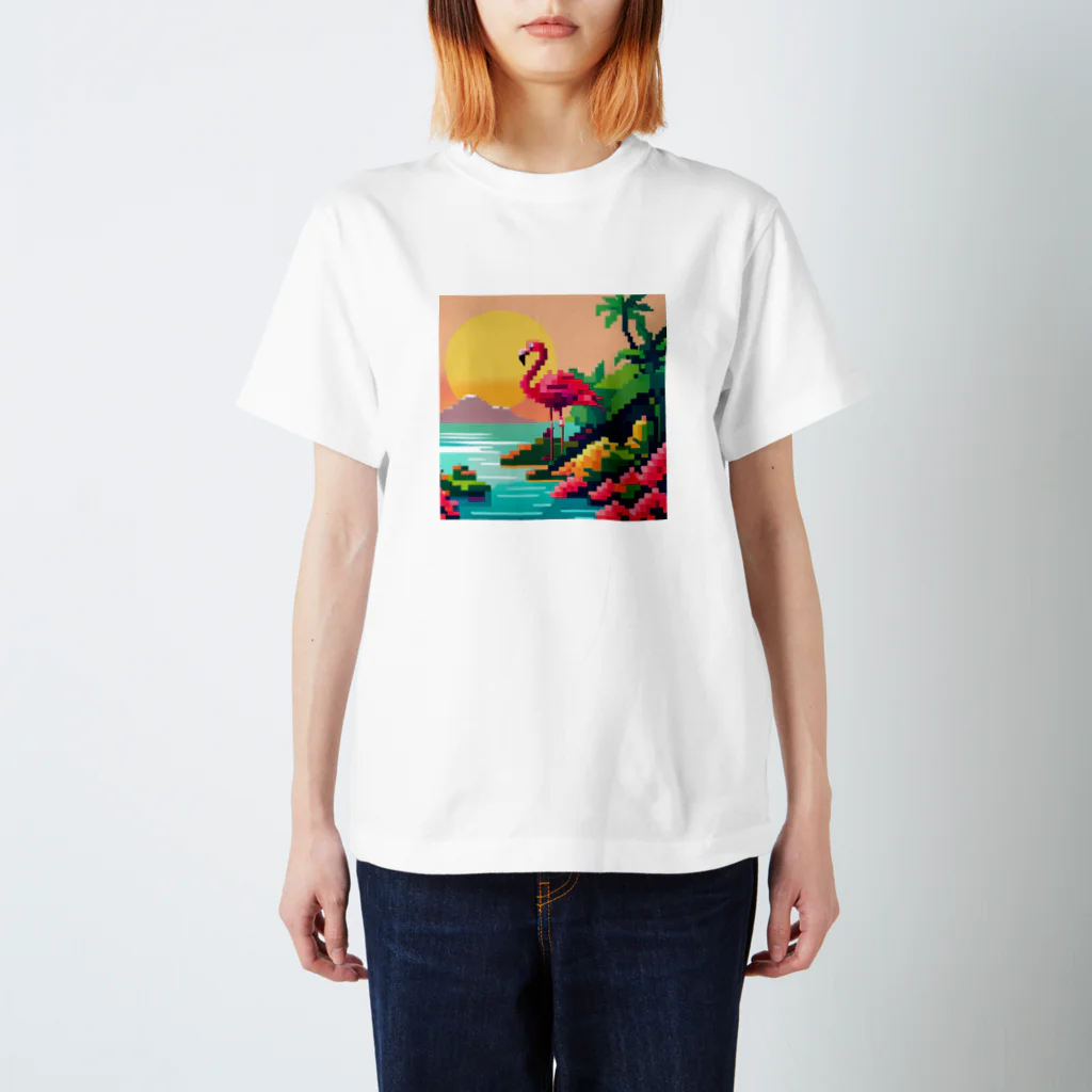 動物マニアのドット絵ショップのドット絵の幻想的なフラミンゴ🦩🌇 Regular Fit T-Shirt