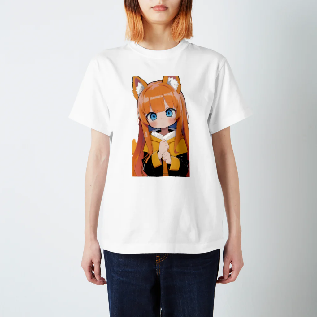 ケモ耳美少女キツネちゃん（AIart）のキュートなオレンジ髪のキツネの女子 スタンダードTシャツ