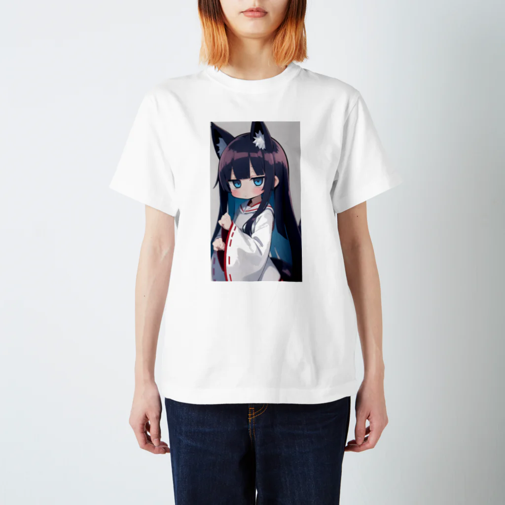 ケモ耳美少女キツネちゃん（AIart）の紺色の髪のキツネの女の子 スタンダードTシャツ