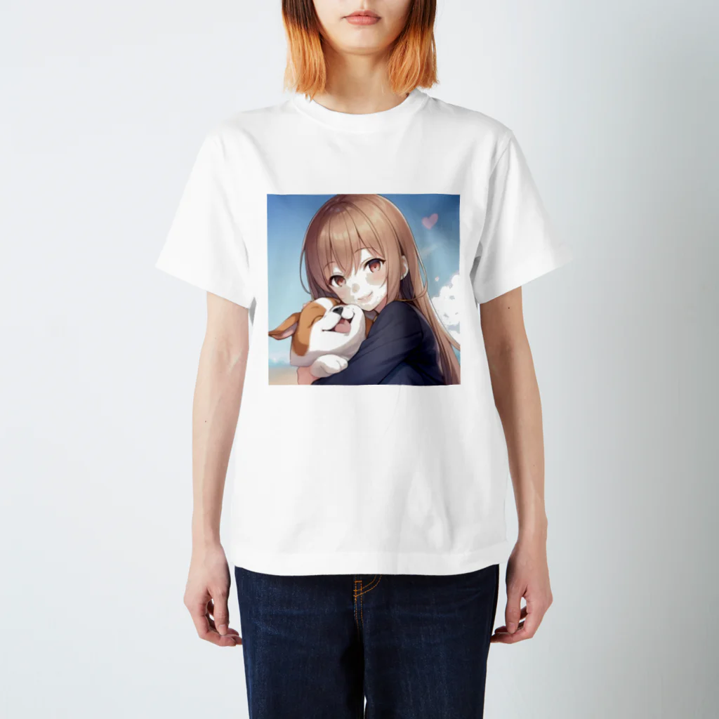 ひまわりの部屋の愛犬を抱きしめる少女 スタンダードTシャツ