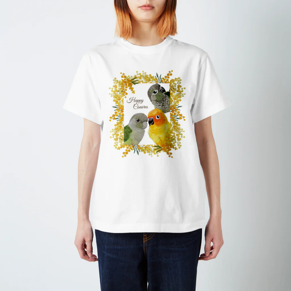 mariechan_koboの083 Happy Conures ミモザ スタンダードTシャツ