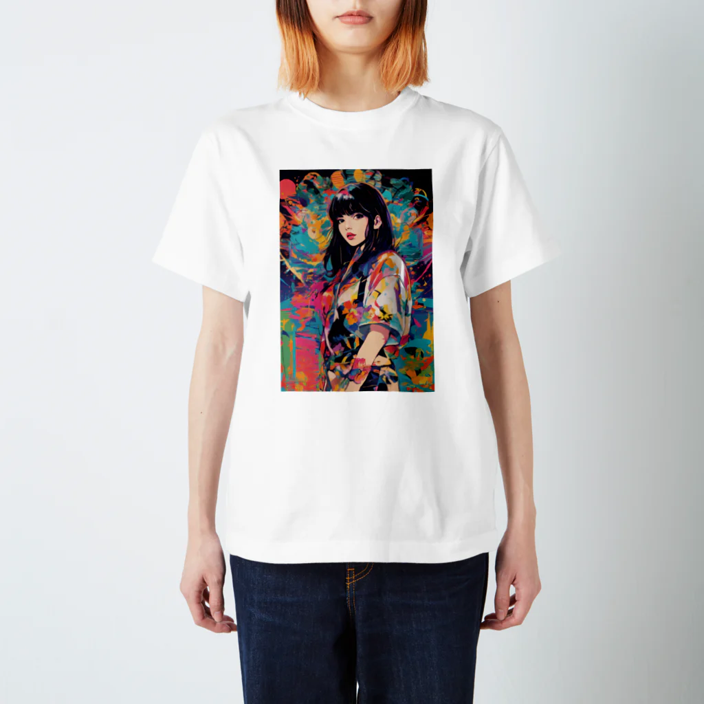 80s pop anime artの黒い背景にカラフルなドレスを着た女性の絵 スタンダードTシャツ