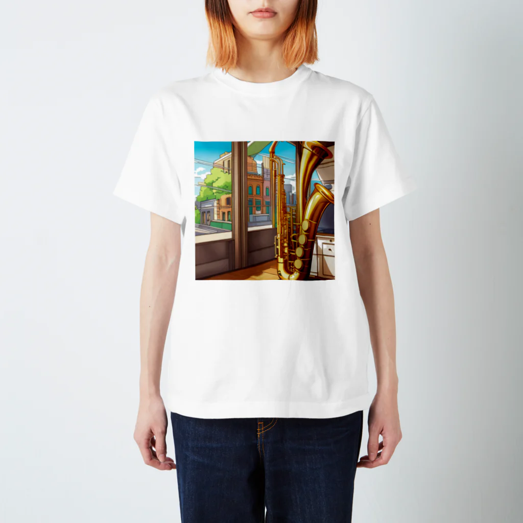 ほっこり絵音舎のバリトンサックスと風景 スタンダードTシャツ