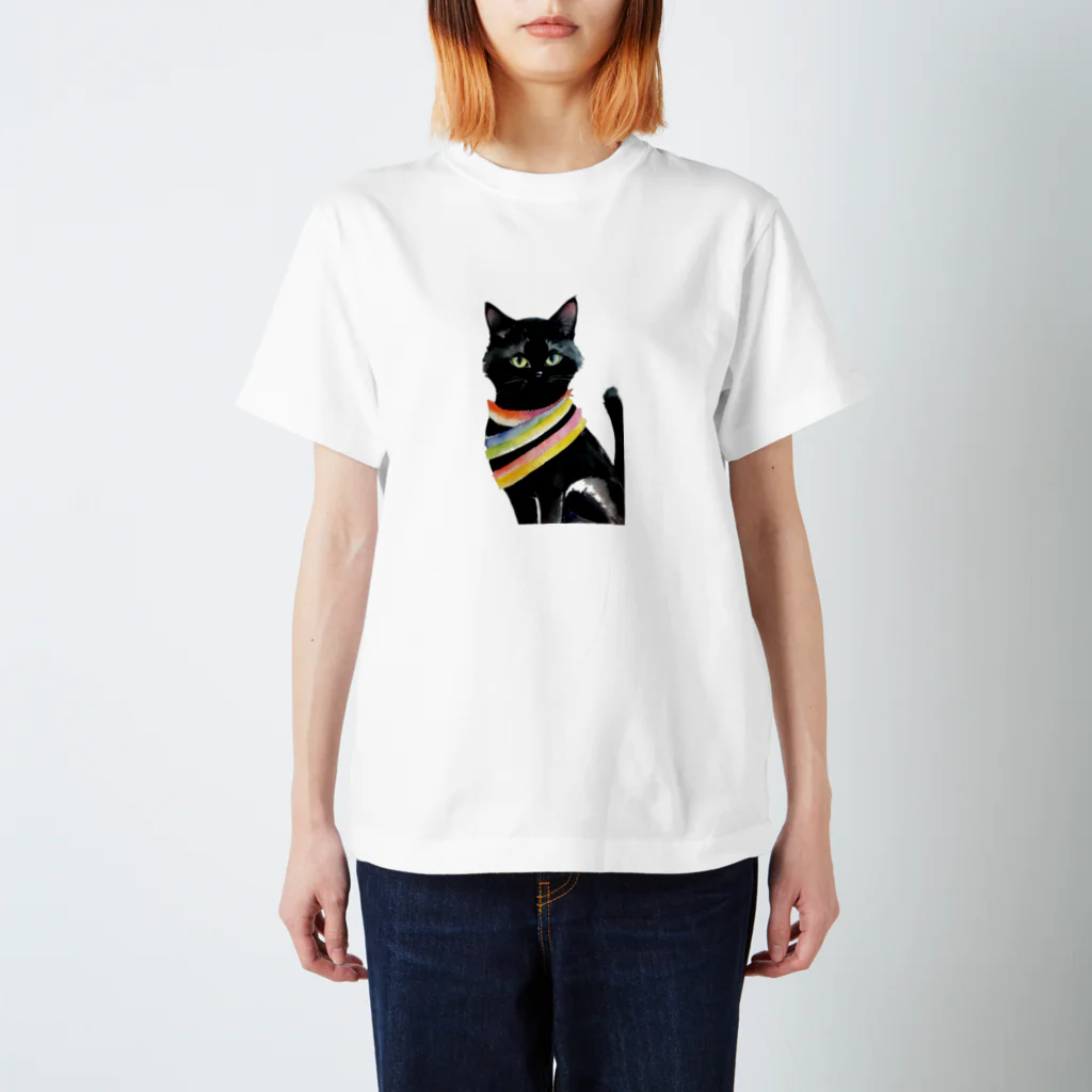 幸運のしっぽの黒猫と虹の首輪 スタンダードTシャツ